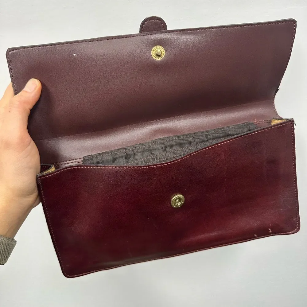 Vintage 70’s Burgundy Brown Leather Clutch Wallet Purse Rectangle Snap Closure